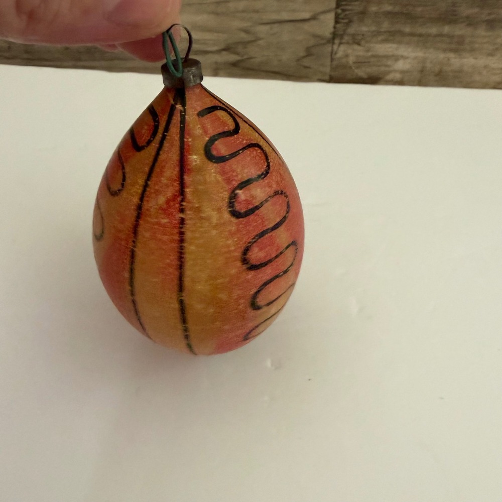 Antique Hand Painted Glass Teardrop Christmas Ornament Orange Red